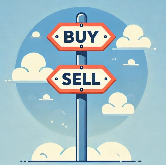 Buy-sell agreement benefits -Two road signs attached to a pole, with 'BUY' on the top sign and 'SELL' on the bottom sign, set against a bright blue sky with scattered clouds. The design is clean, simple, and business-oriented."